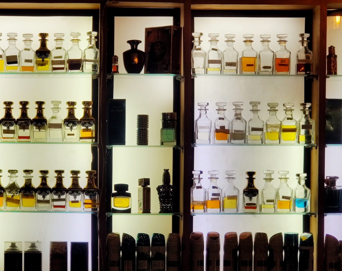 The shelves of the perfume house, lined with bottles