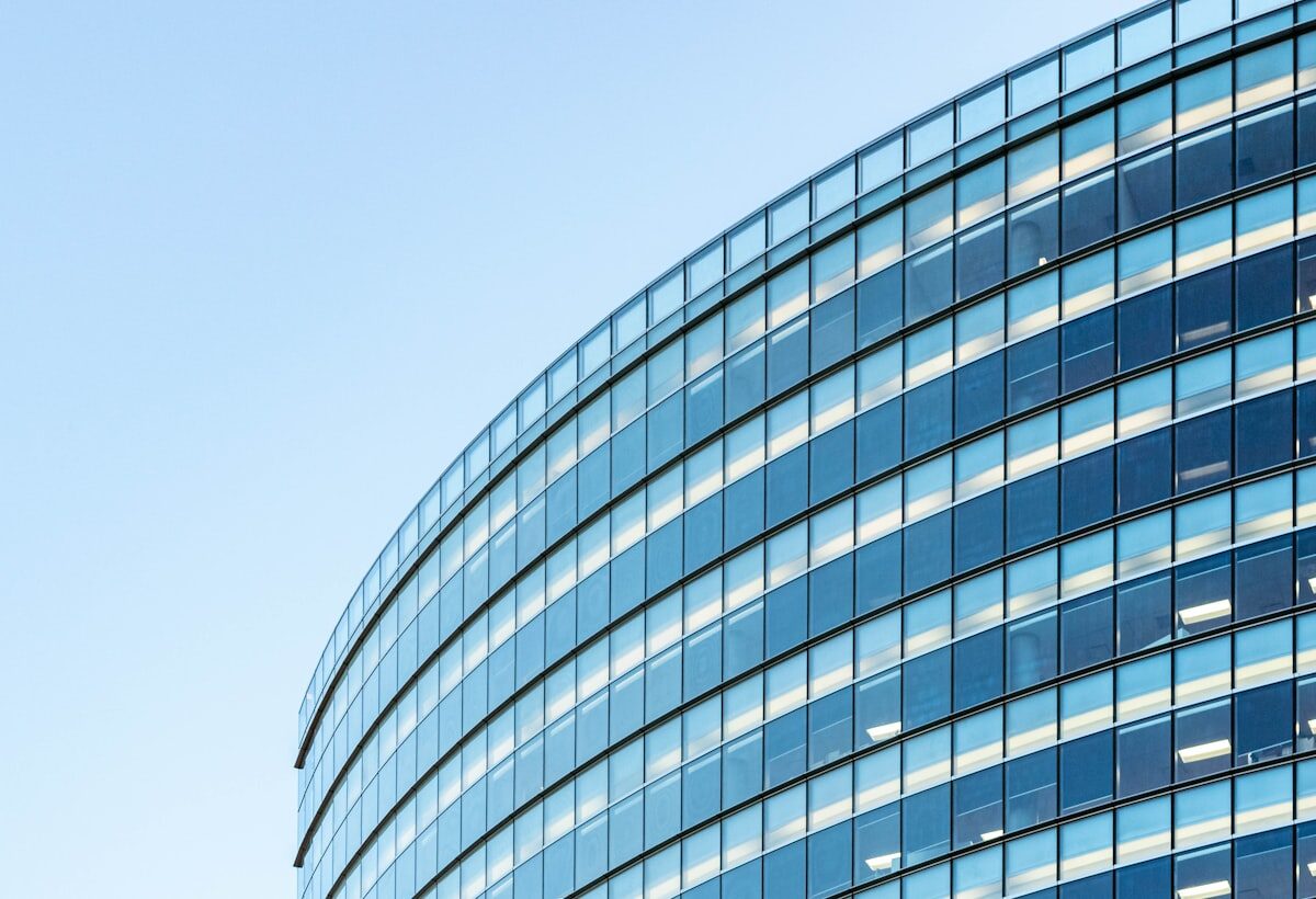 A glass office tower in the business district