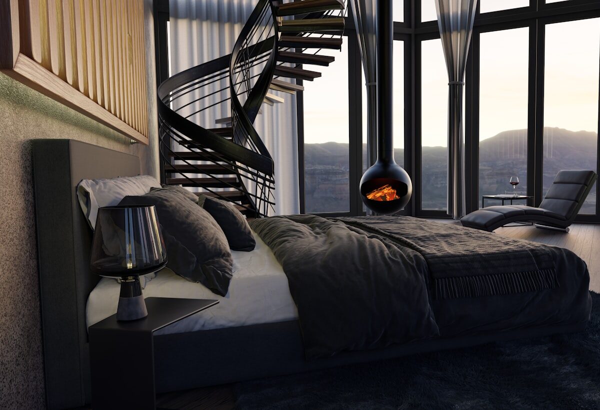 A penthouse interior with a spiral staircase