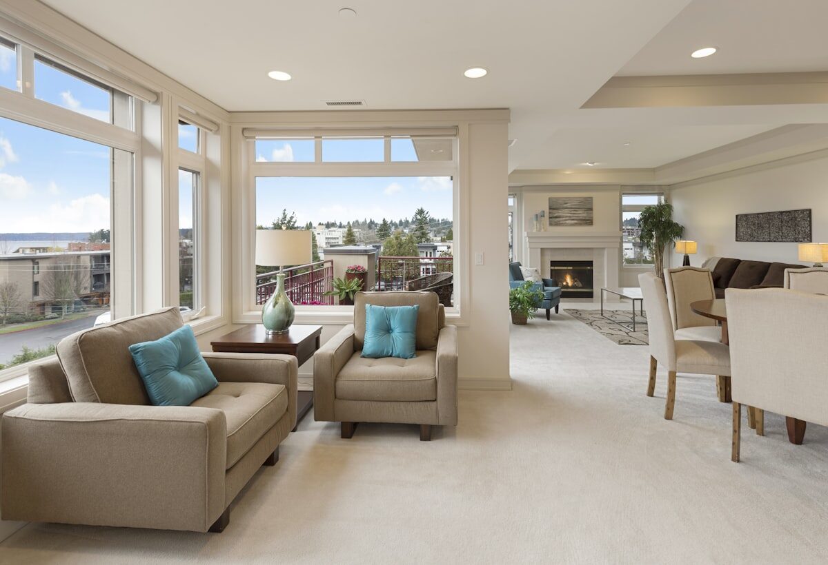 A bright furnished apartment with a city view