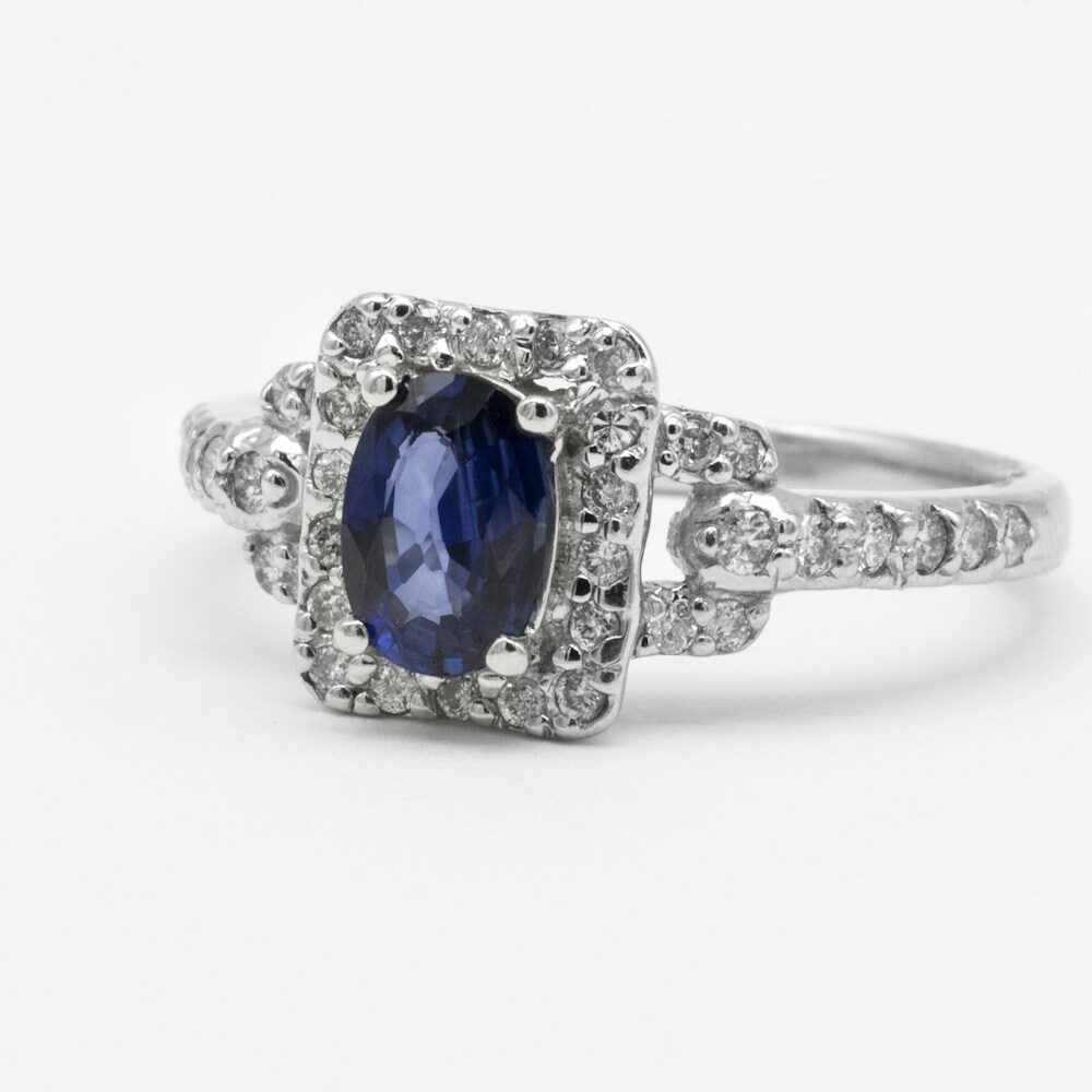 A sapphire ringed by brilliant diamonds