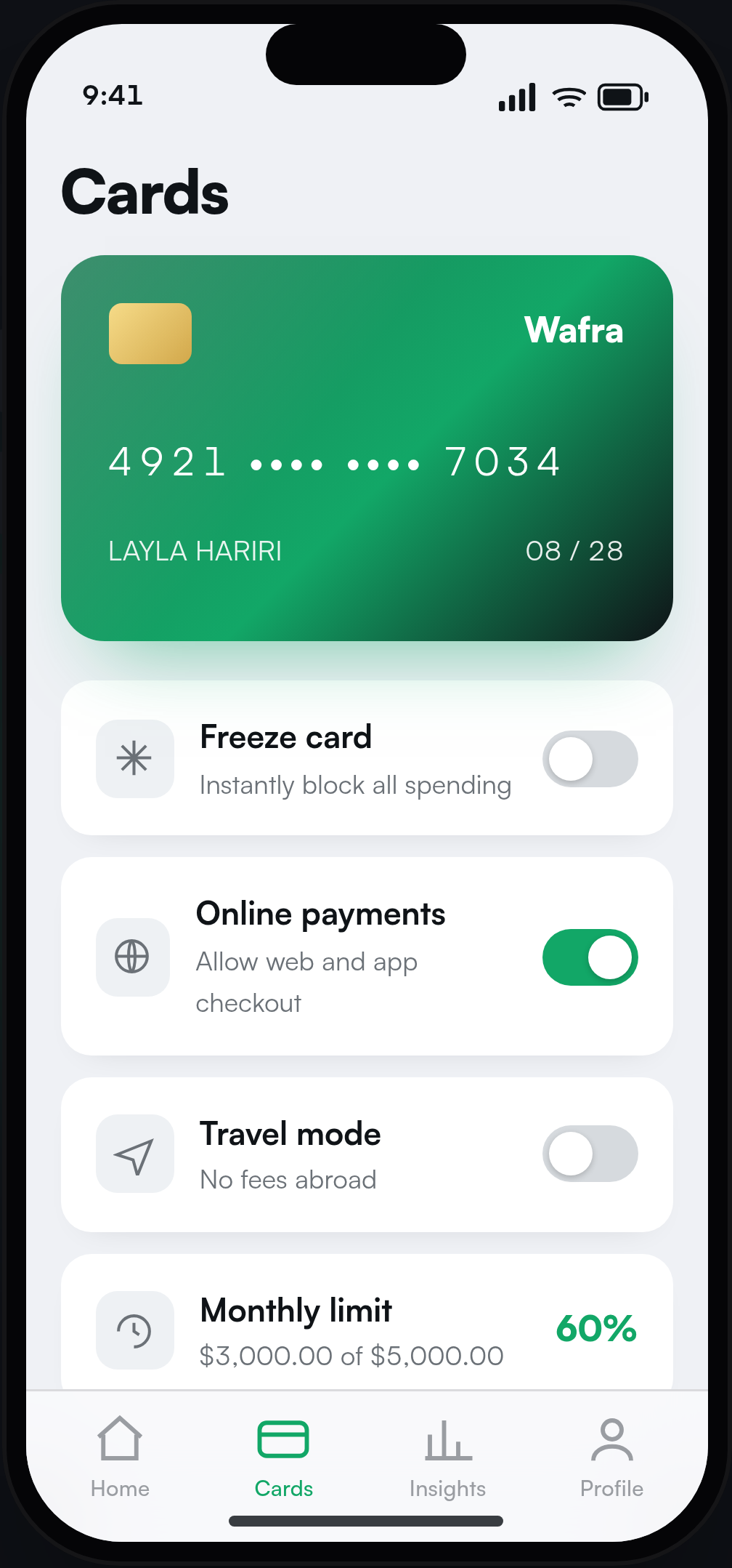 The Wafra card screen, with freeze and limit controls