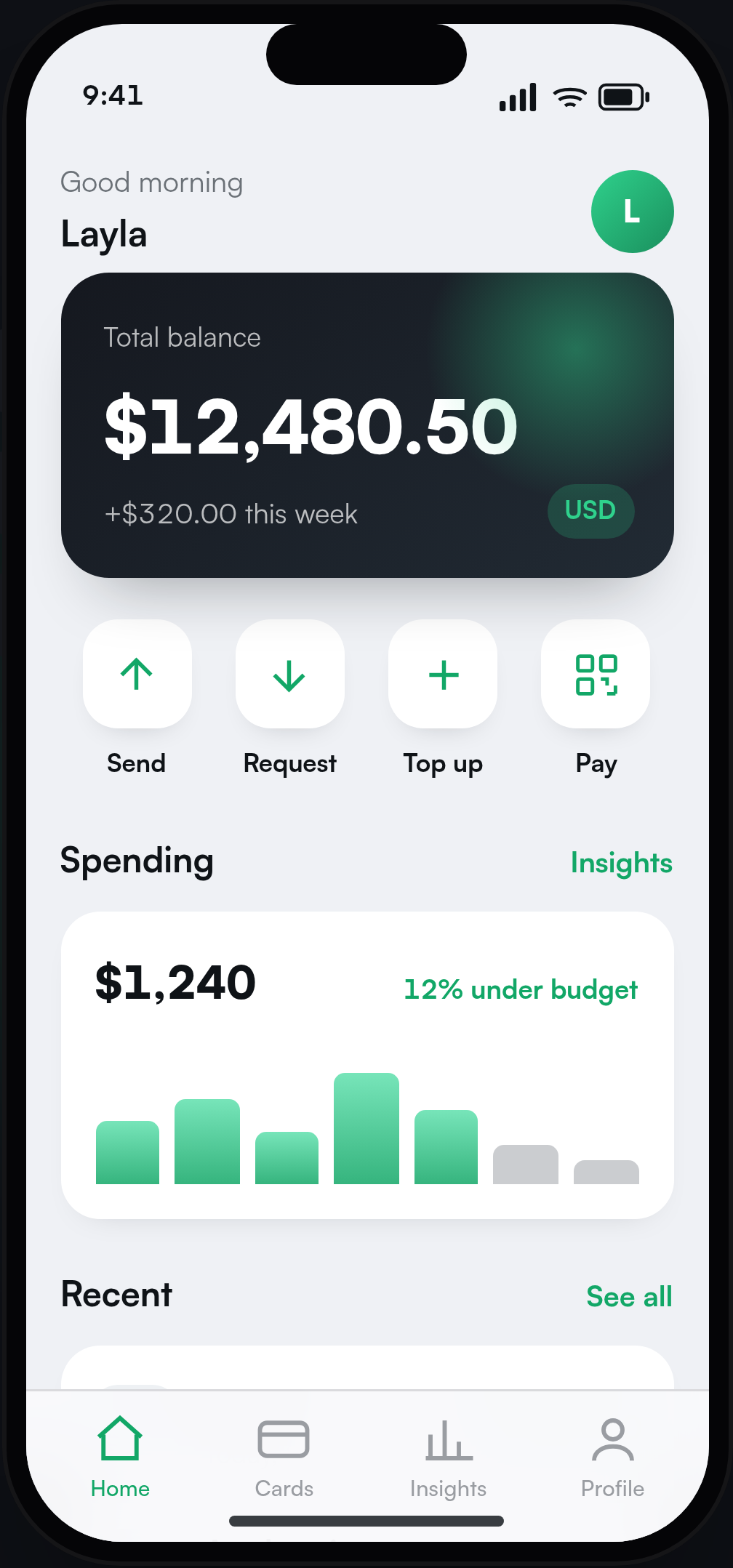 The Wafra home screen, with balance and recent transactions